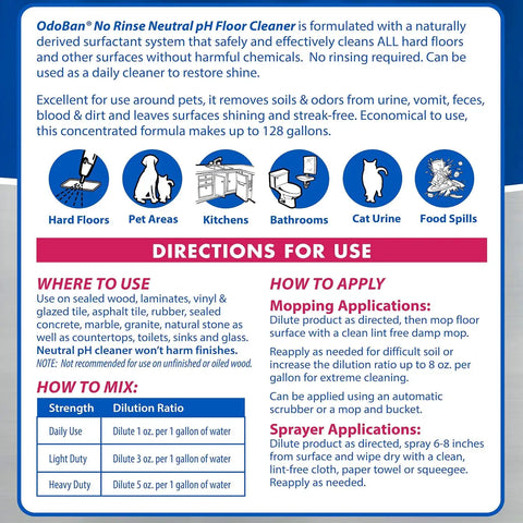 OdoBan Pet Solutions No Rinse Neutral pH Floor Cleaner Concentrate, Made in the USA, 2 Gallons